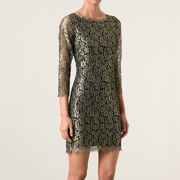 DVF Diane Von Furstenberg Zarita Gold Black Lace Dress - Picture 3 of 9